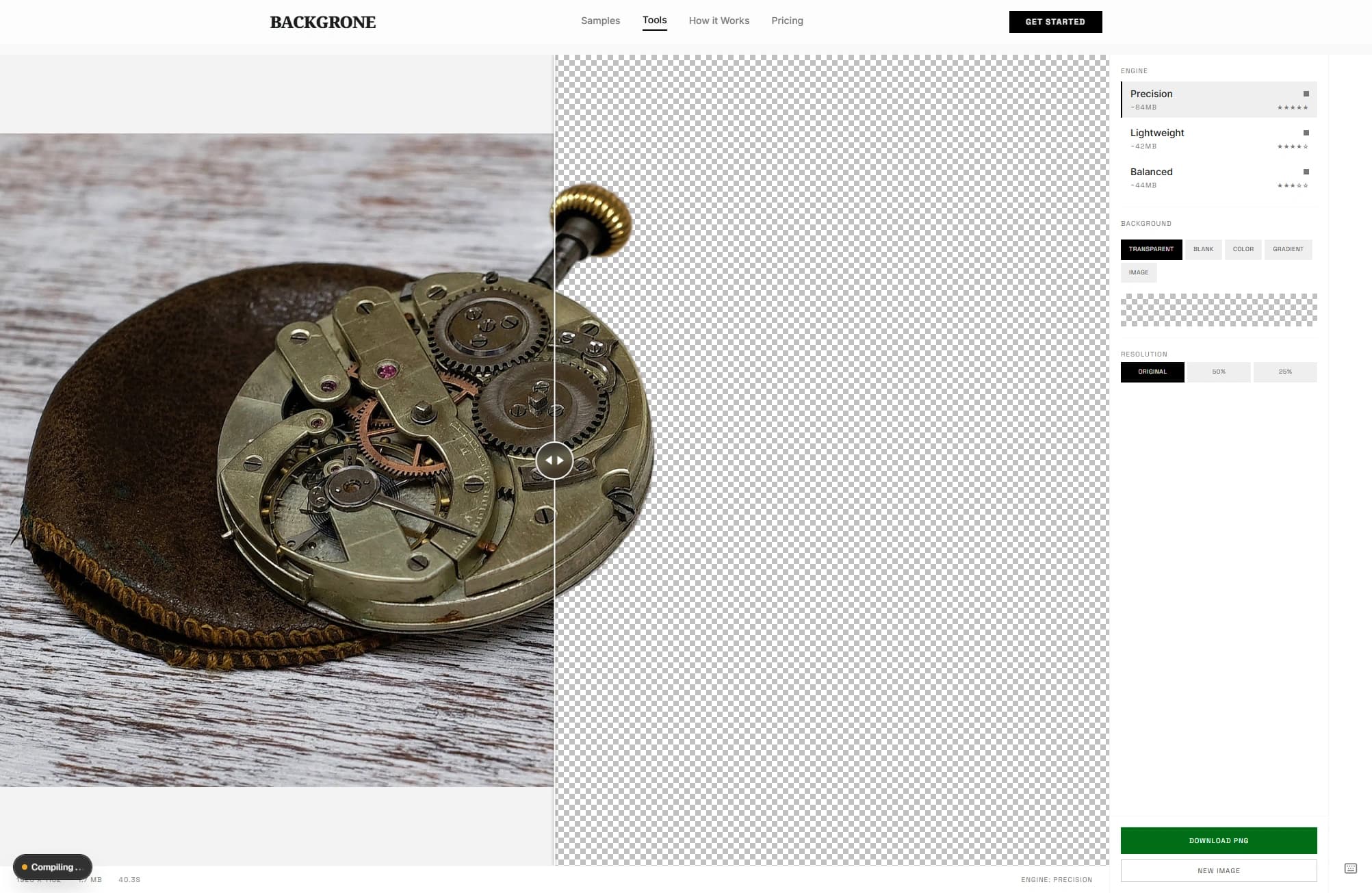 AI Background Removal — Before/after split view with precision engine