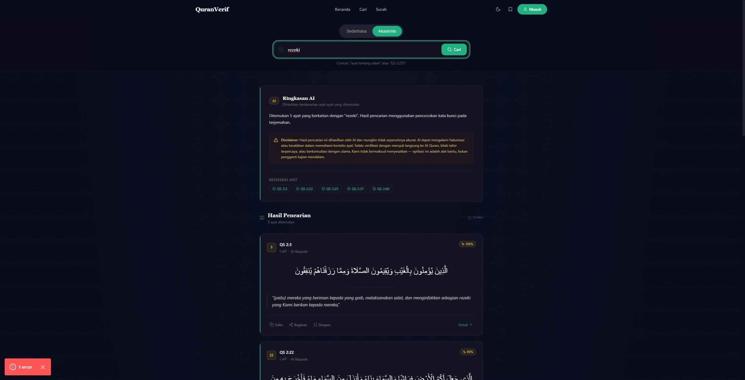 AI Semantic Search — Verse results with Arabic text and tafsir