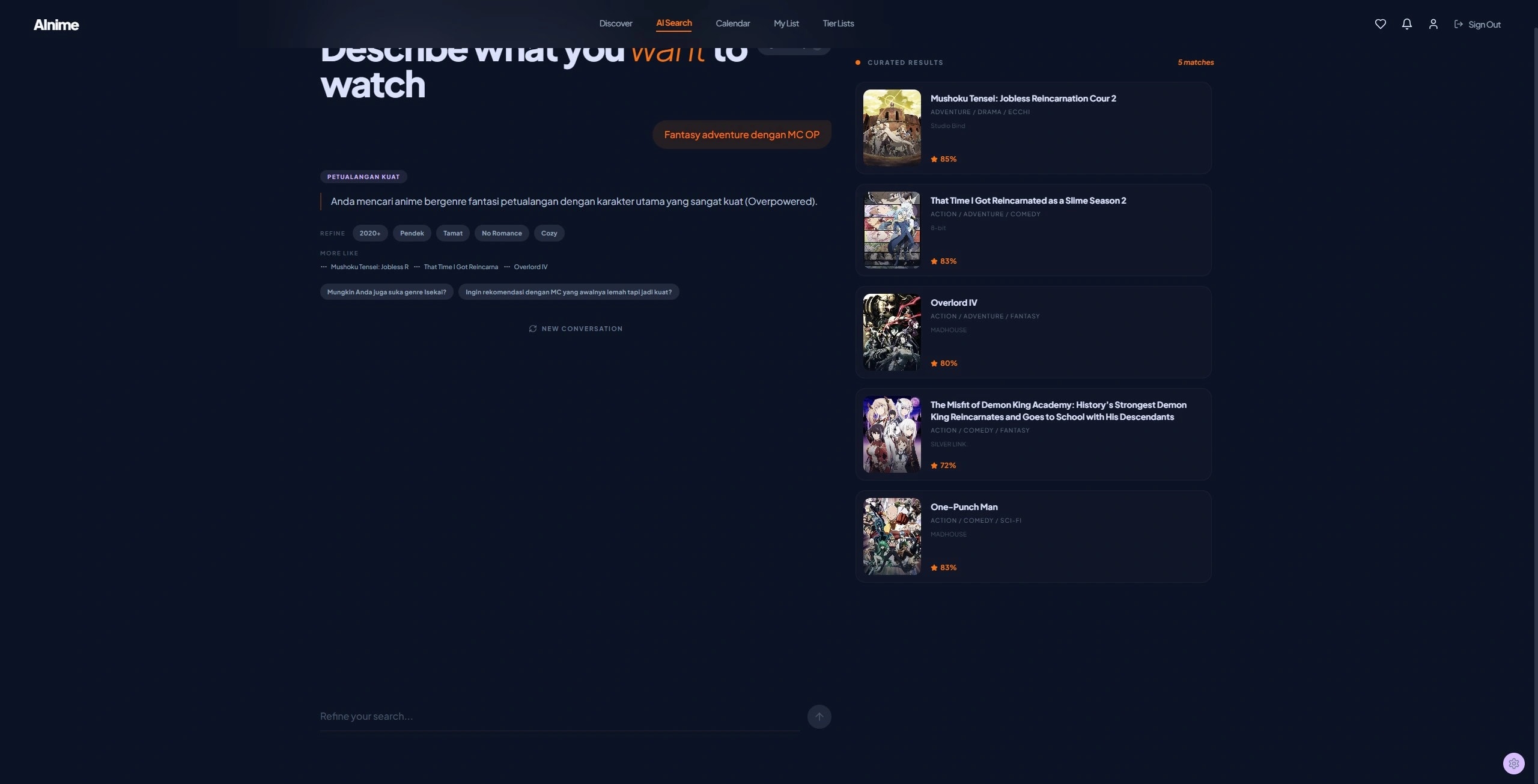 AI Search — Curated anime results with ratings and genre matching