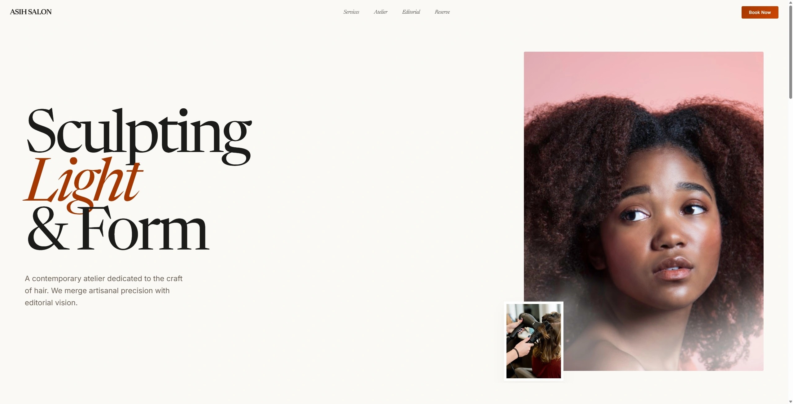 Sculpting Light & Form — Editorial hero with typography