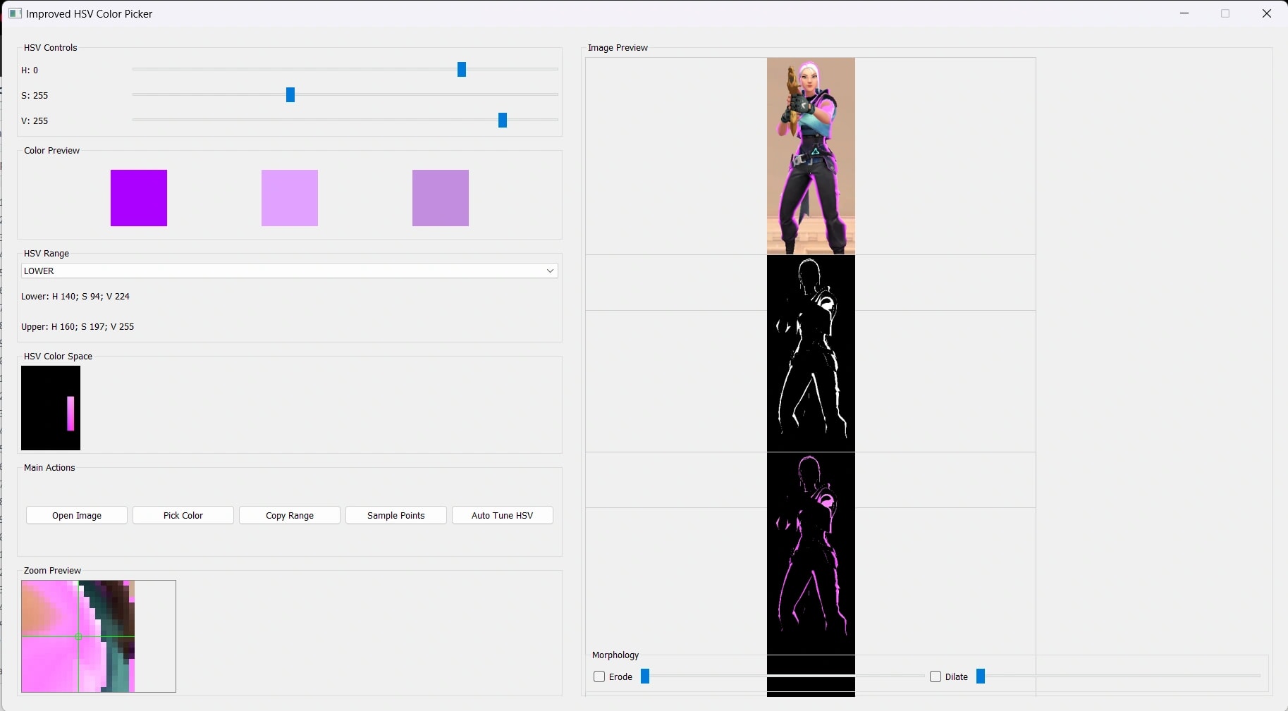 HSV Color Picker — Real-time mask visualization with color preview and zoom